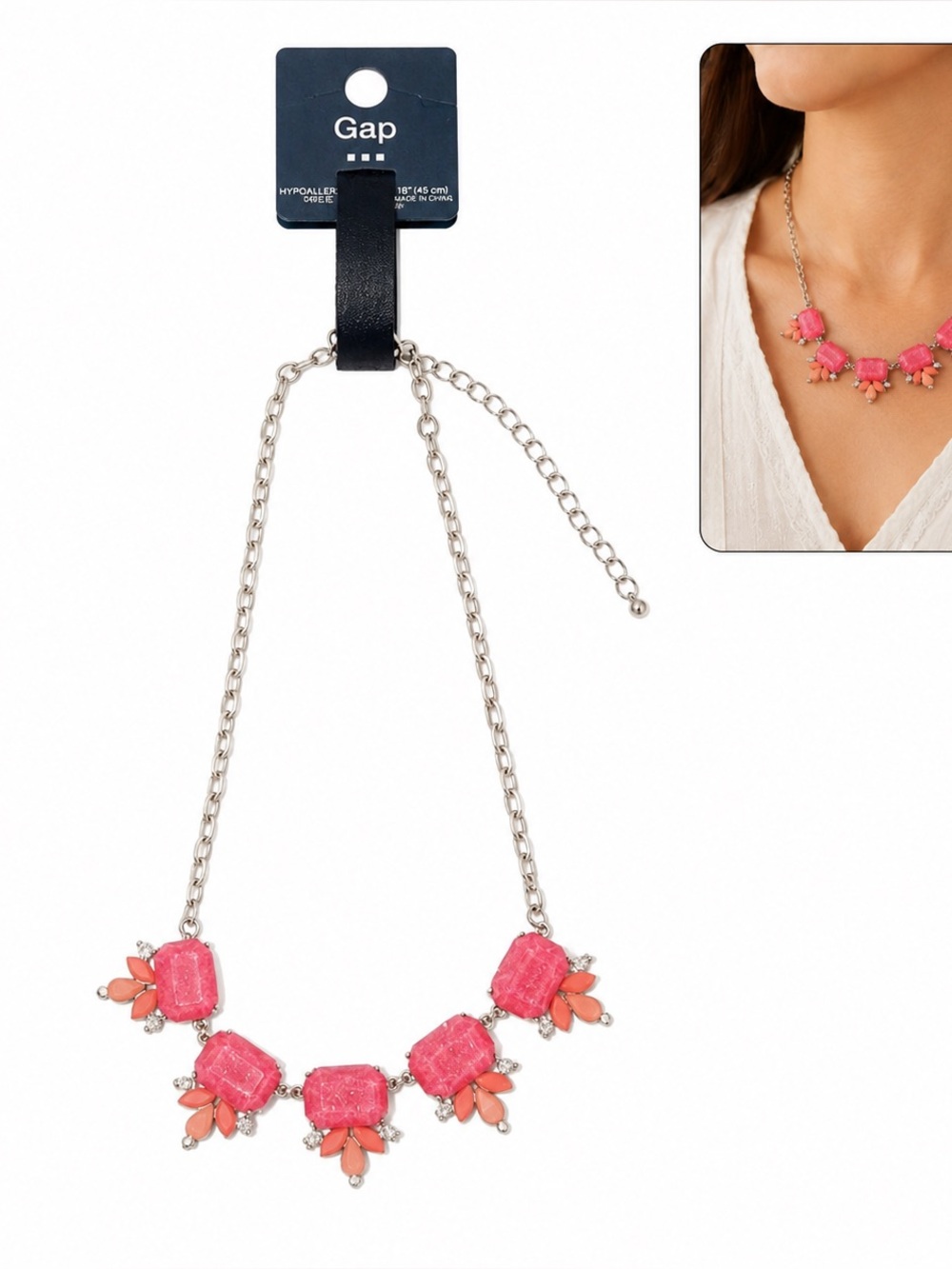 $30 Gap Pink coral chunky Statement Necklace gold extender preppy cute new gift